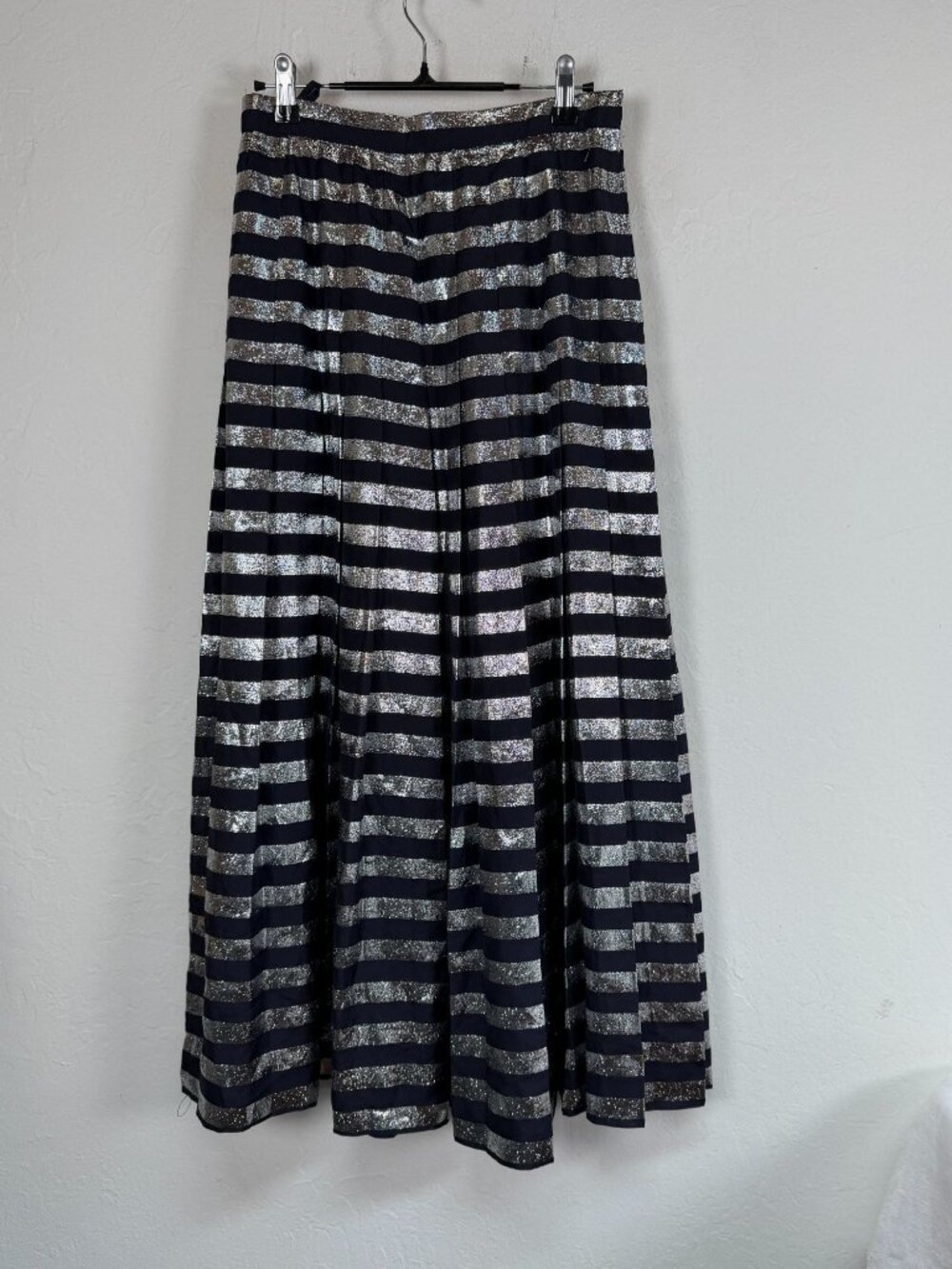 RARE Vintage Gloria Sachs New York Black Silver Metallic Striped Midi Skirt 10